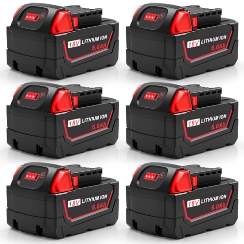Six Stairlie 18V 6.0Ah replacement batteries compatible with Milwaukee M18 tools