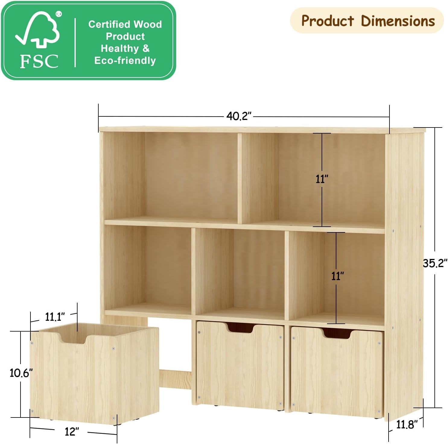 Solid Pine Wood Toy Storage Organizer, Kids Bookshelf and Toy Organizer with 3 Rolling Drawers, 5 Storage Cubes, Montessori Playroom Storage Cabinet, Burlywood