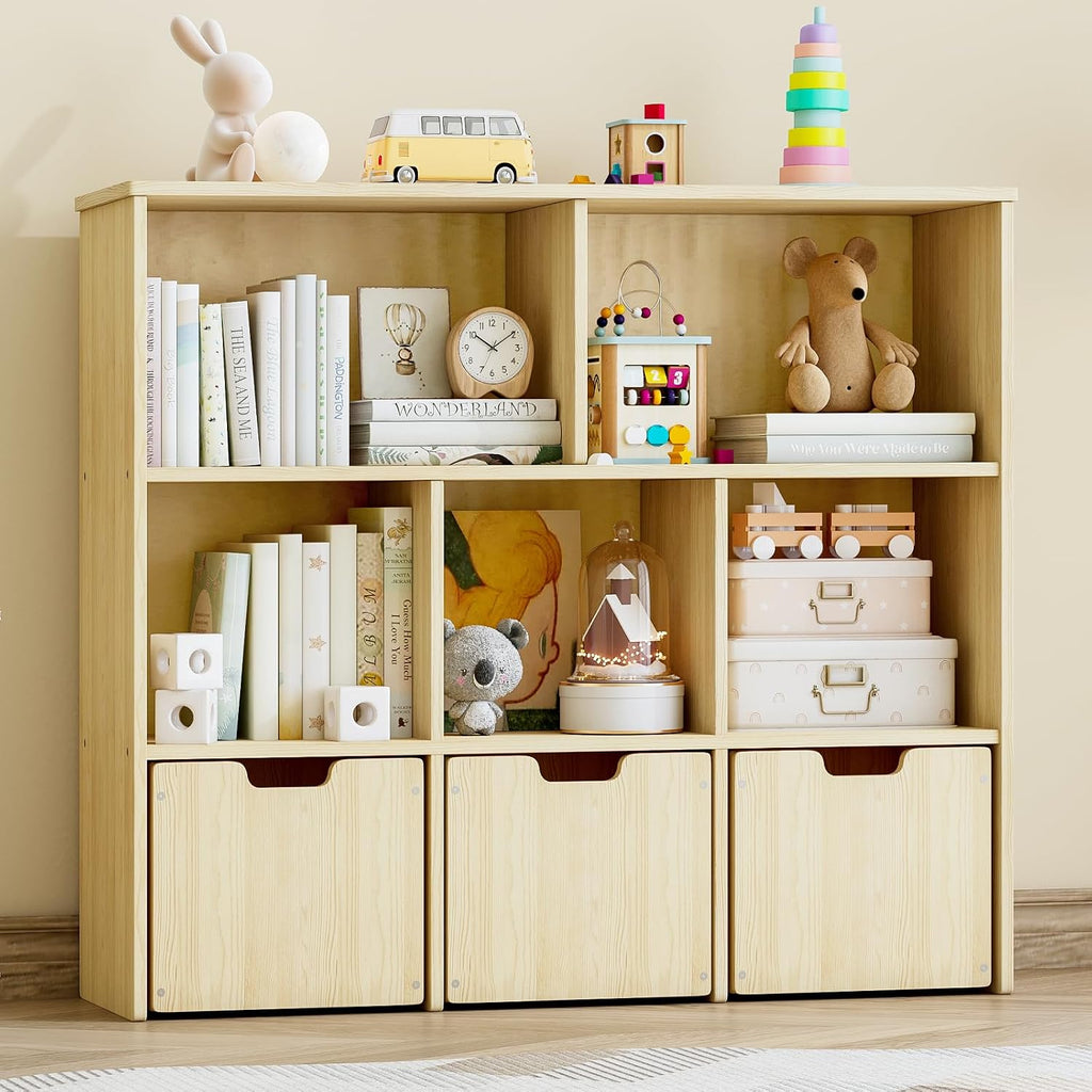Solid Pine Wood Toy Storage Organizer, Kids Bookshelf and Toy Organizer with 3 Rolling Drawers, 5 Storage Cubes, Montessori Playroom Storage Cabinet, Burlywood