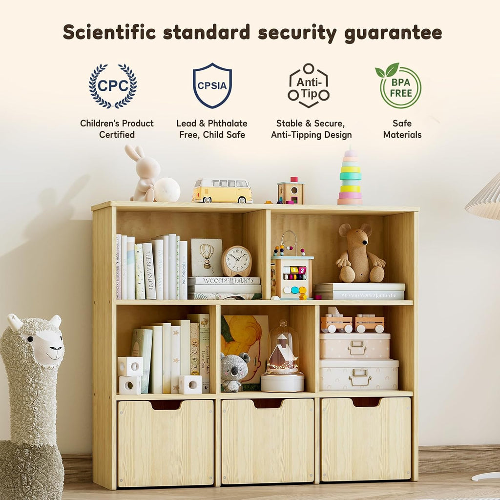 Solid Pine Wood Toy Storage Organizer, Kids Bookshelf and Toy Organizer with 3 Rolling Drawers, 5 Storage Cubes, Montessori Playroom Storage Cabinet, Burlywood