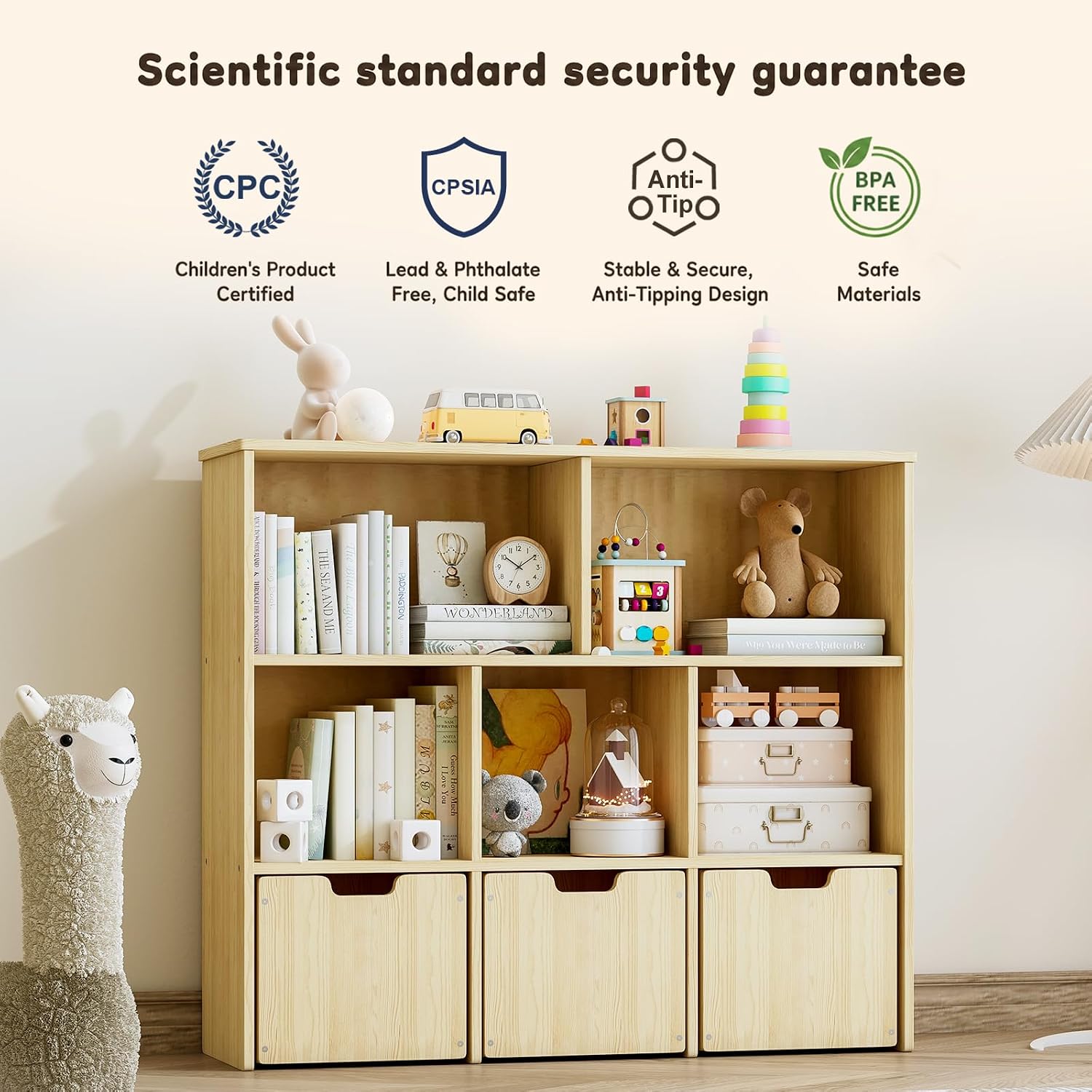 Solid Pine Wood Toy Storage Organizer, Kids Bookshelf and Toy Organizer with 3 Rolling Drawers, 5 Storage Cubes, Montessori Playroom Storage Cabinet, Burlywood