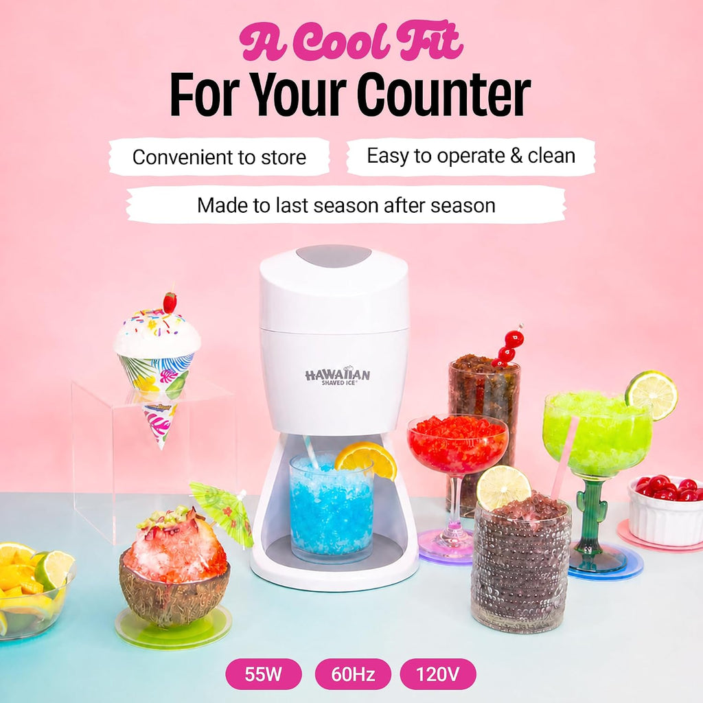 Hawaiian Shaved Ice S900A Snow Cone and Shaved Ice Machine with 2 Reusable Plastic Ice Mold Cups, Non-slip Mat, Instruction Manual, 1-year Manufacturer’s Warranty, 120V, White | Electric Snowcone, Icy Drinks and Slushie Maker with 2 Reusable Cups, 120V