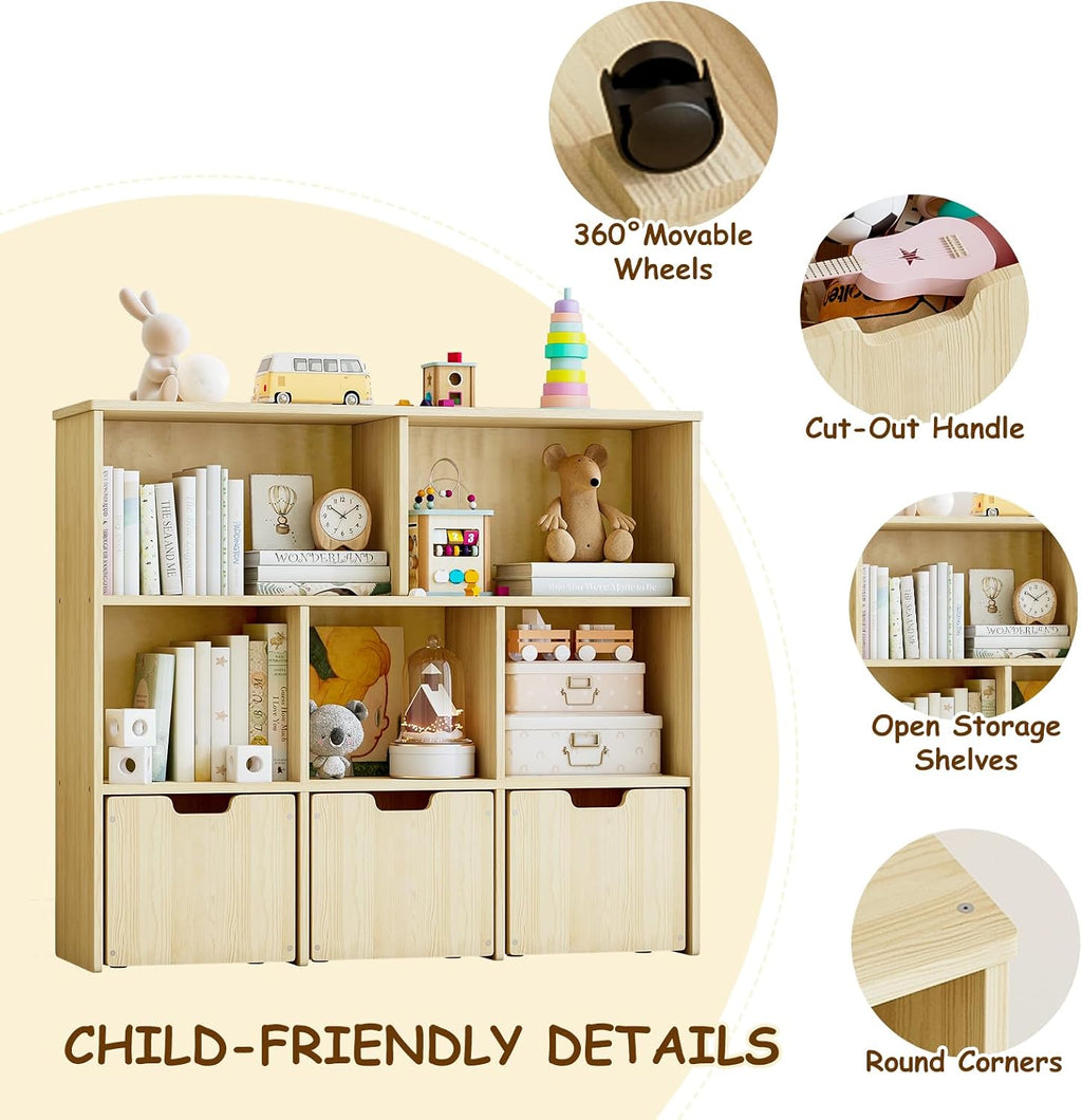 Solid Pine Wood Toy Storage Organizer, Kids Bookshelf and Toy Organizer with 3 Rolling Drawers, 5 Storage Cubes, Montessori Playroom Storage Cabinet, Burlywood