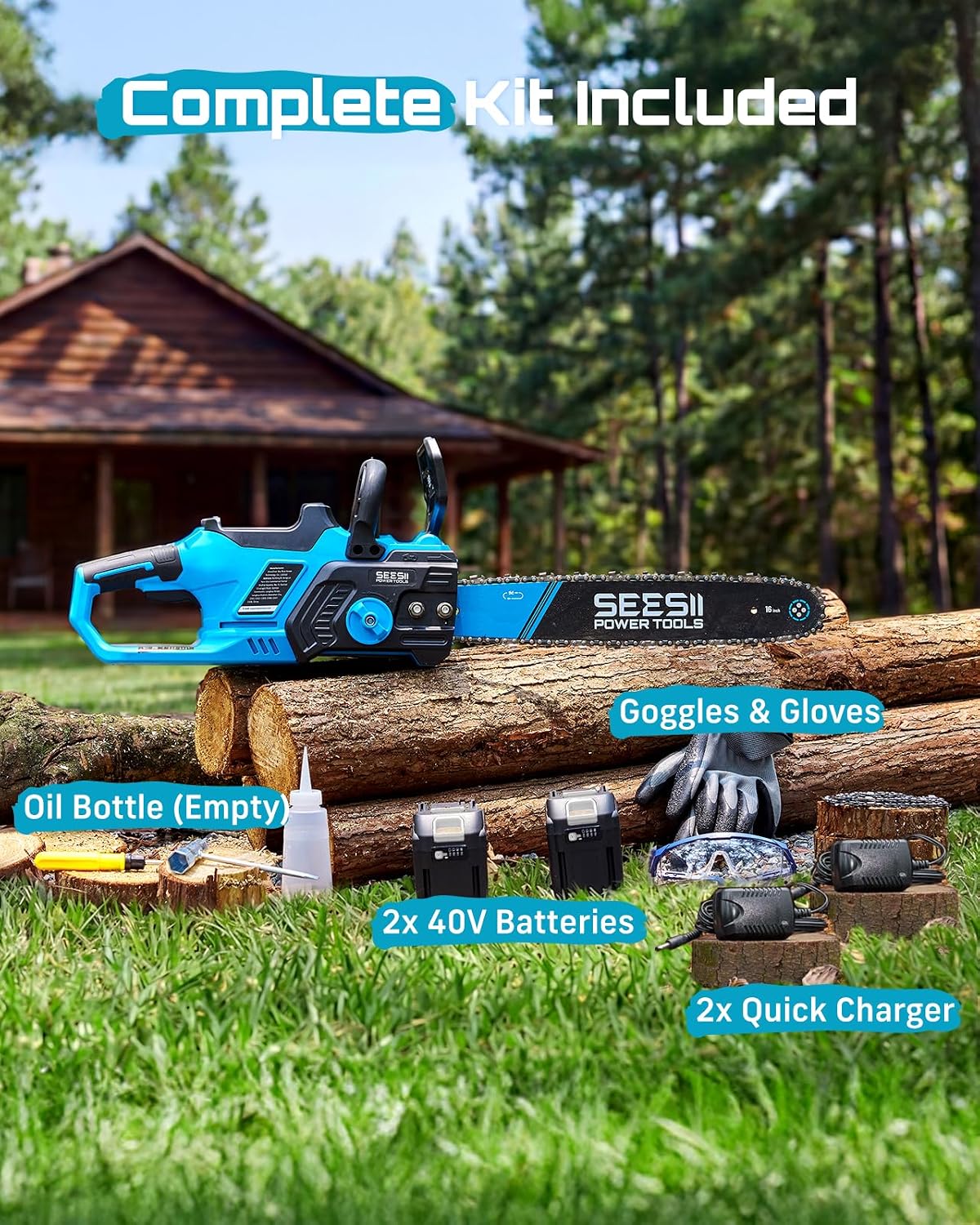 40V 16-Inch Cordless Electric Chainsaw,2000W Brushless Chain Saw | 2×40v 4000mAh Batteries & Chargers, Auto Oiler, Battery Powered Chain Saw for Tree Trimming, Wood Cutting, Yard Work