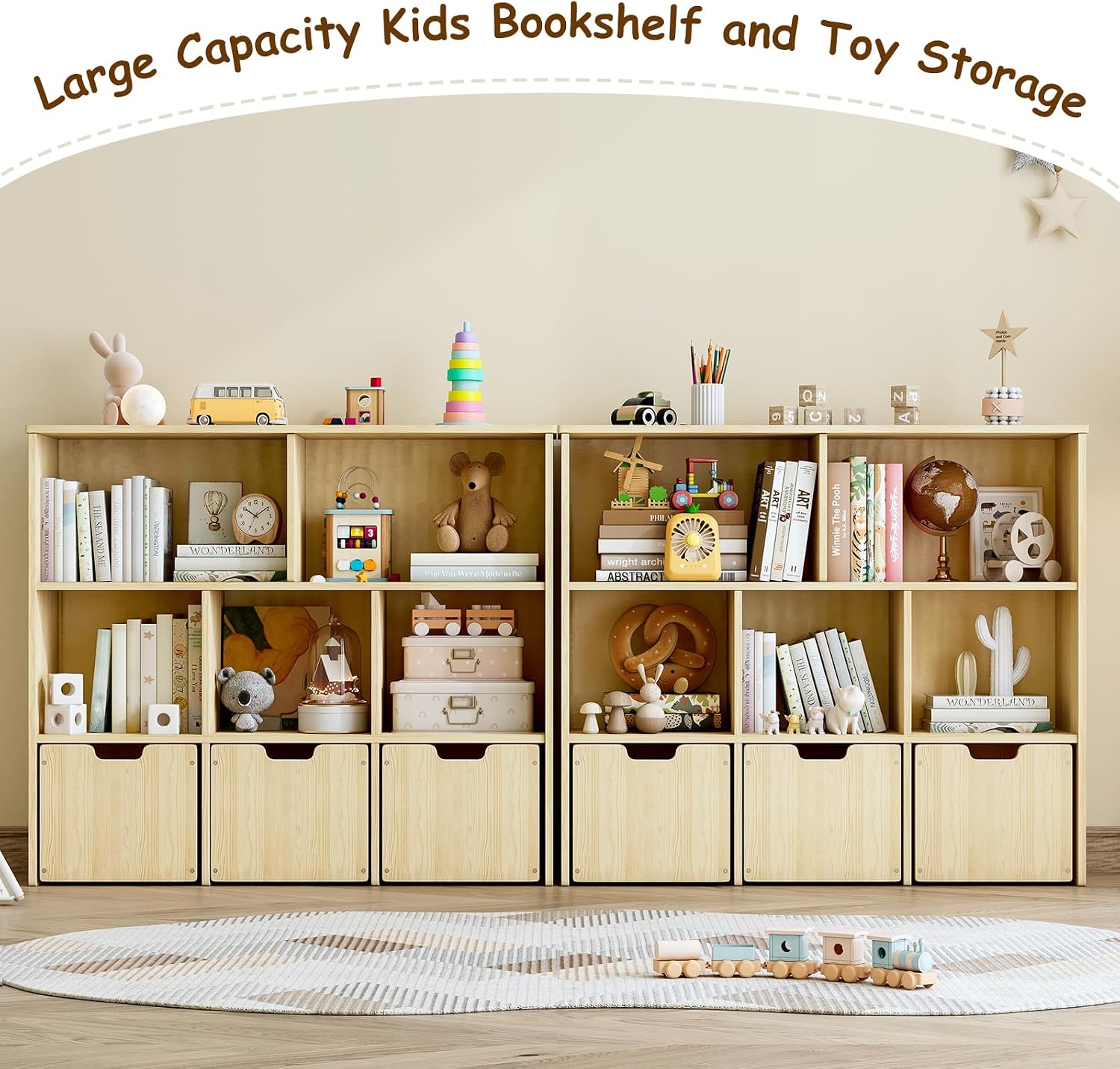 Solid Pine Wood Toy Storage Organizer, Kids Bookshelf and Toy Organizer with 3 Rolling Drawers, 5 Storage Cubes, Montessori Playroom Storage Cabinet, Burlywood