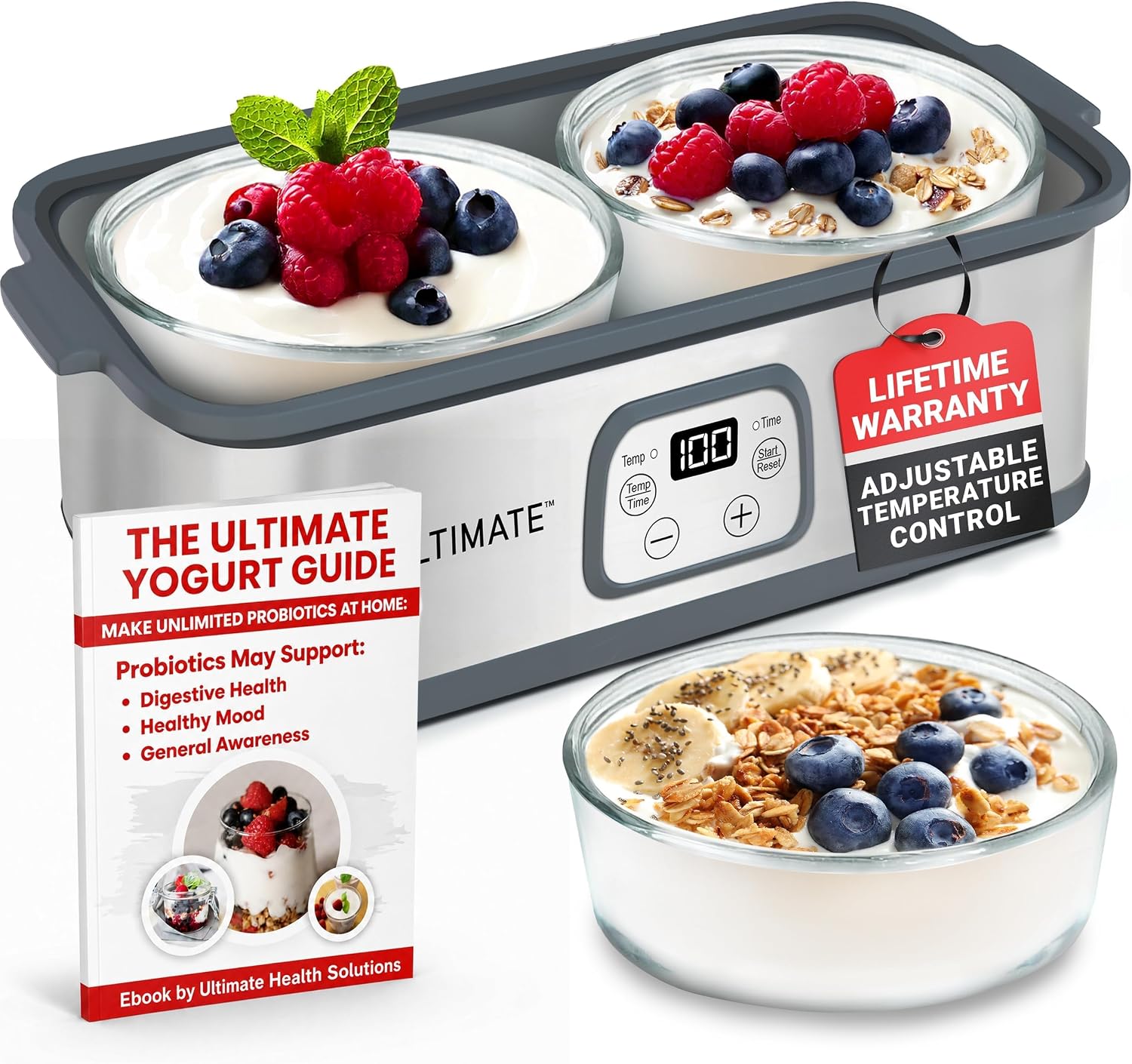 Ultimate Probiotic Yogurt Maker with Adjustable Time & Temperature Control, Make Trillions of Probiotics for Better Gut Health, Two 1-Quart Containers for Larger Batches, UNLIMITED LIFETIME WARRANTY