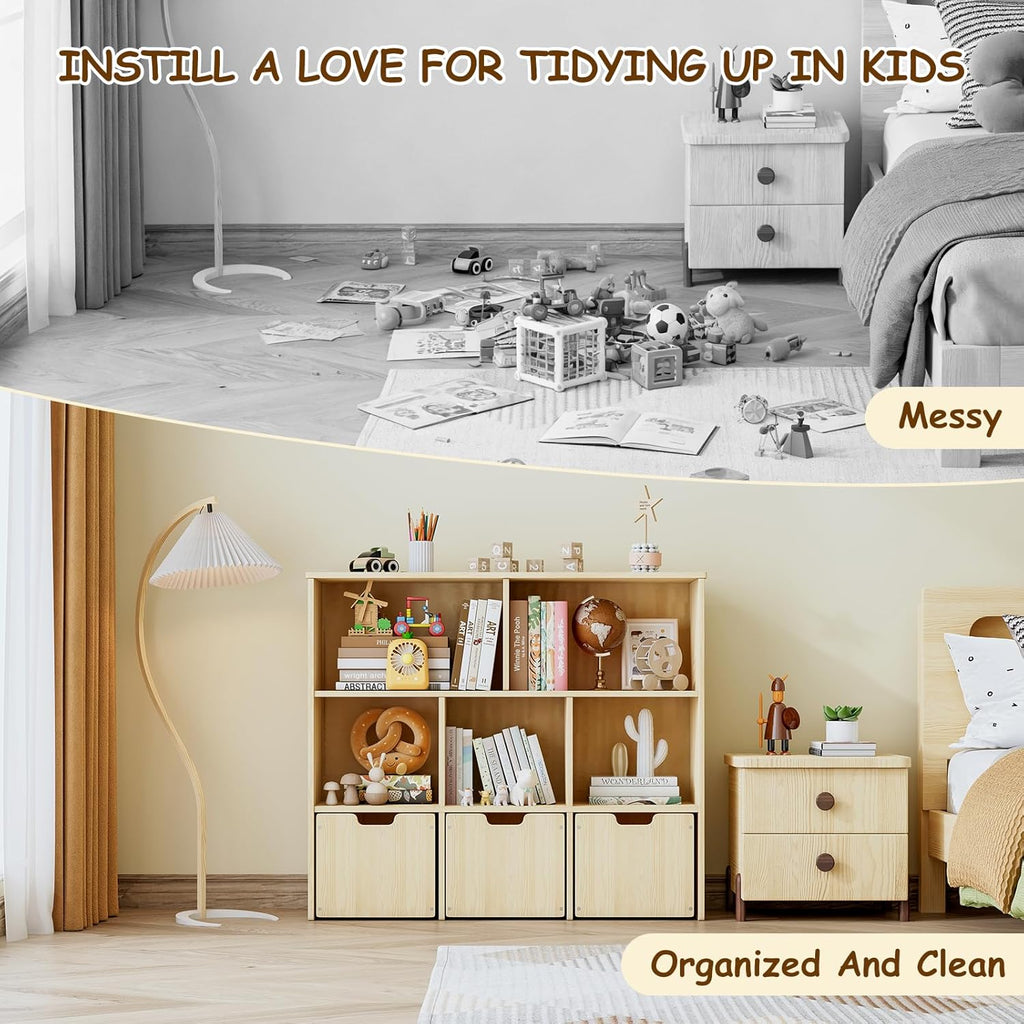 Solid Pine Wood Toy Storage Organizer, Kids Bookshelf and Toy Organizer with 3 Rolling Drawers, 5 Storage Cubes, Montessori Playroom Storage Cabinet, Burlywood