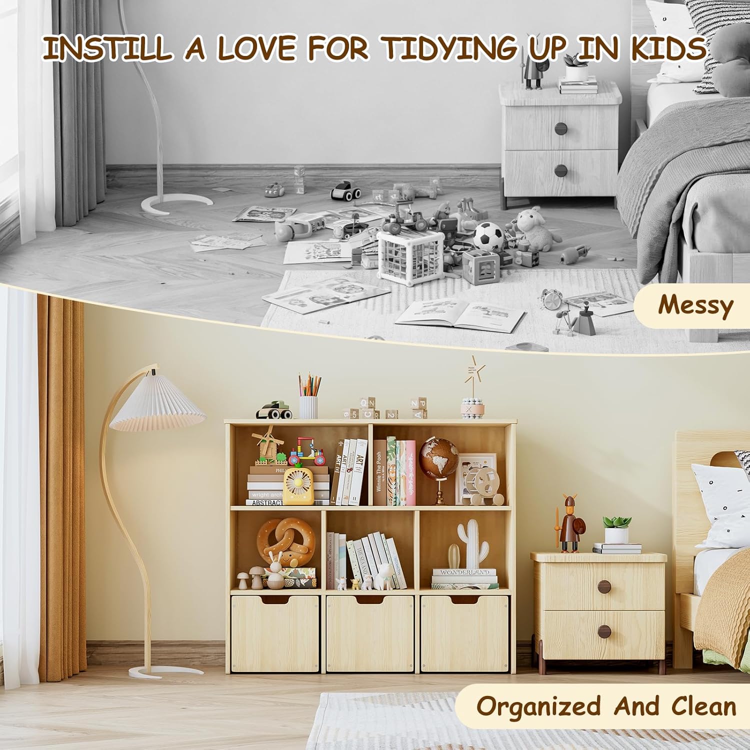 Solid Pine Wood Toy Storage Organizer, Kids Bookshelf and Toy Organizer with 3 Rolling Drawers, 5 Storage Cubes, Montessori Playroom Storage Cabinet, Burlywood