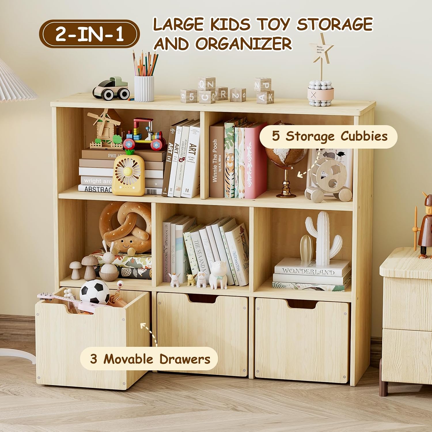 Solid Pine Wood Toy Storage Organizer, Kids Bookshelf and Toy Organizer with 3 Rolling Drawers, 5 Storage Cubes, Montessori Playroom Storage Cabinet, Burlywood