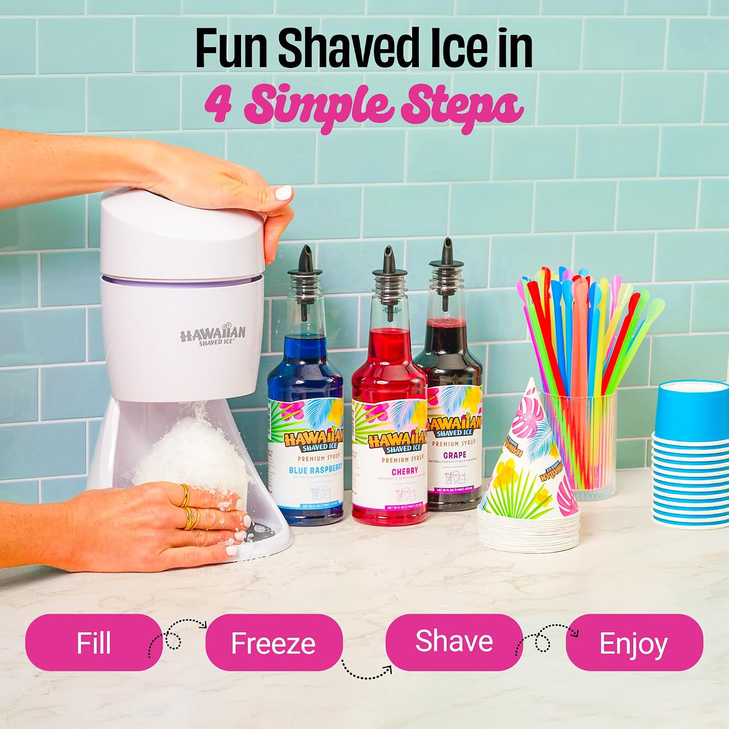 Hawaiian Shaved Ice S900A Snow Cone and Shaved Ice Machine with 2 Reusable Plastic Ice Mold Cups, Non-slip Mat, Instruction Manual, 1-year Manufacturer’s Warranty, 120V, White | Electric Snowcone, Icy Drinks and Slushie Maker with 2 Reusable Cups, 120V