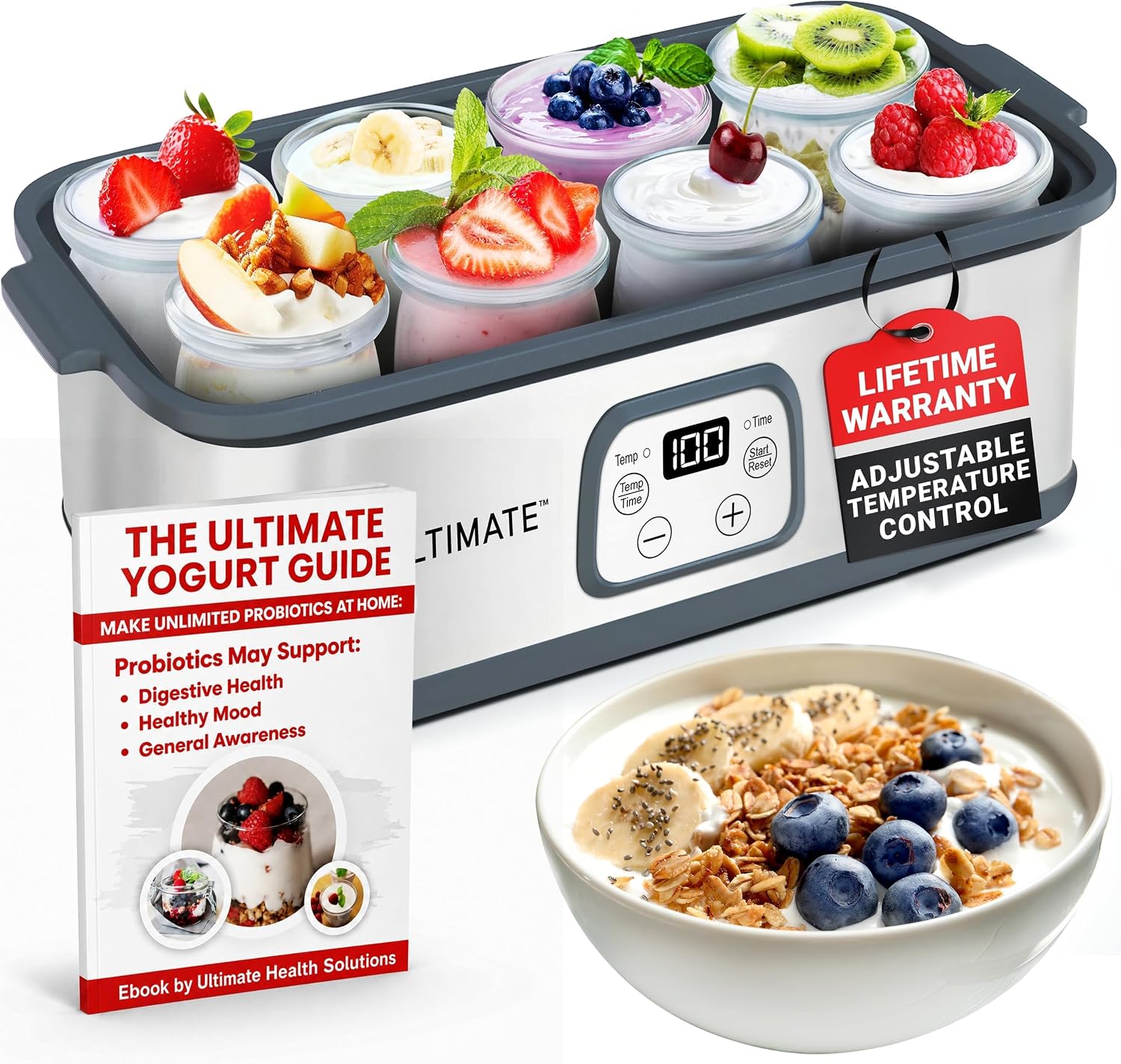 Ultimate Probiotic Yogurt Maker with Adjustable Time & Temperature Control, Make Trillions of Probiotics for Better Gut Health, Two 1-Quart Containers for Larger Batches, UNLIMITED LIFETIME WARRANTY