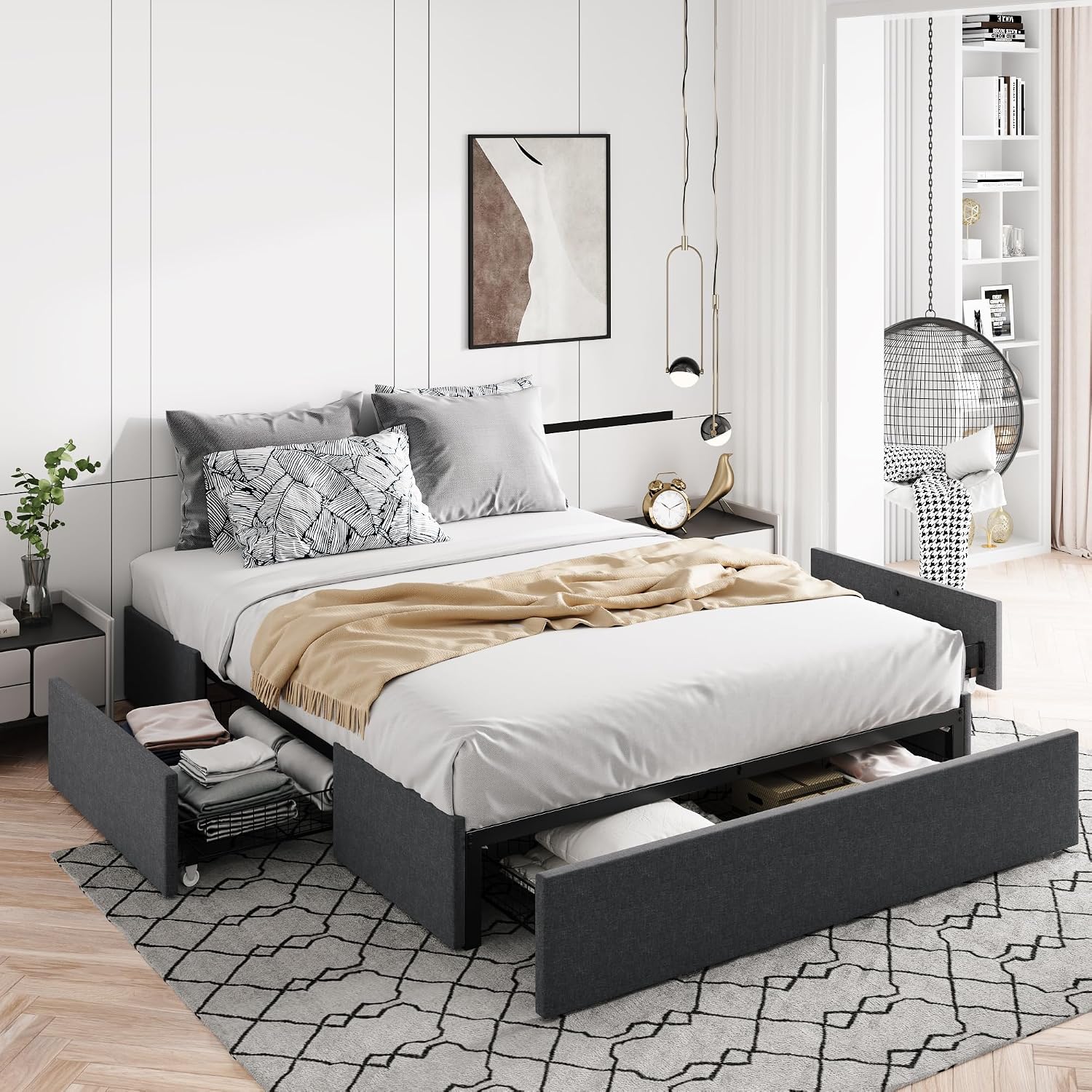 Full Size Platform Storage Bed Frame with 3 Drawers, Black