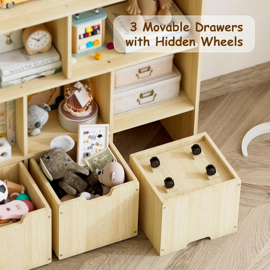 Solid Pine Wood Toy Storage Organizer, Kids Bookshelf and Toy Organizer with 3 Rolling Drawers, 5 Storage Cubes, Montessori Playroom Storage Cabinet, Burlywood