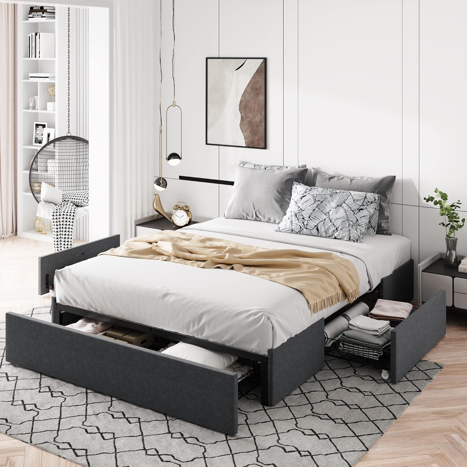 Full Size Platform Storage Bed Frame with 3 Drawers, Black