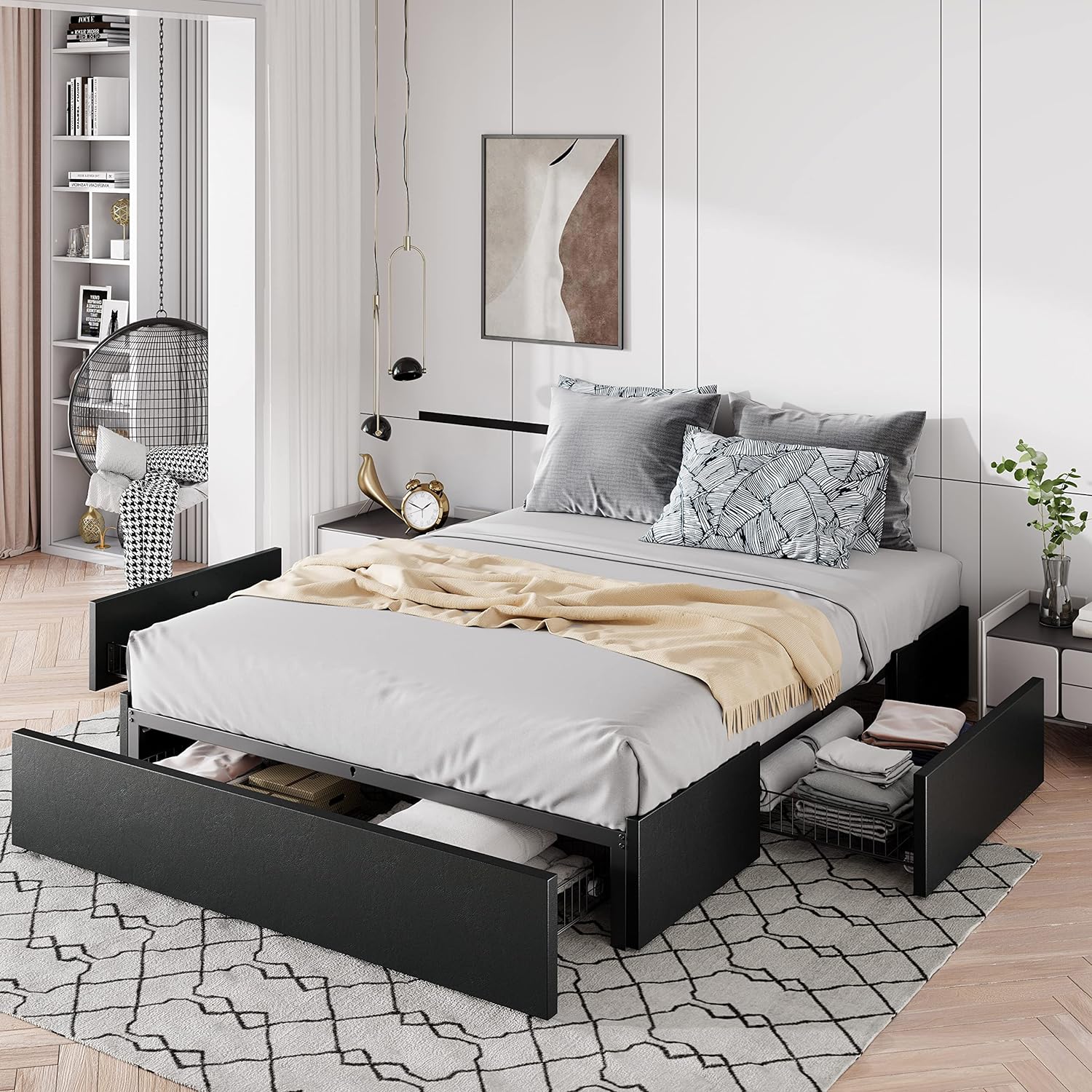 Full Size Platform Storage Bed Frame with 3 Drawers, Black
