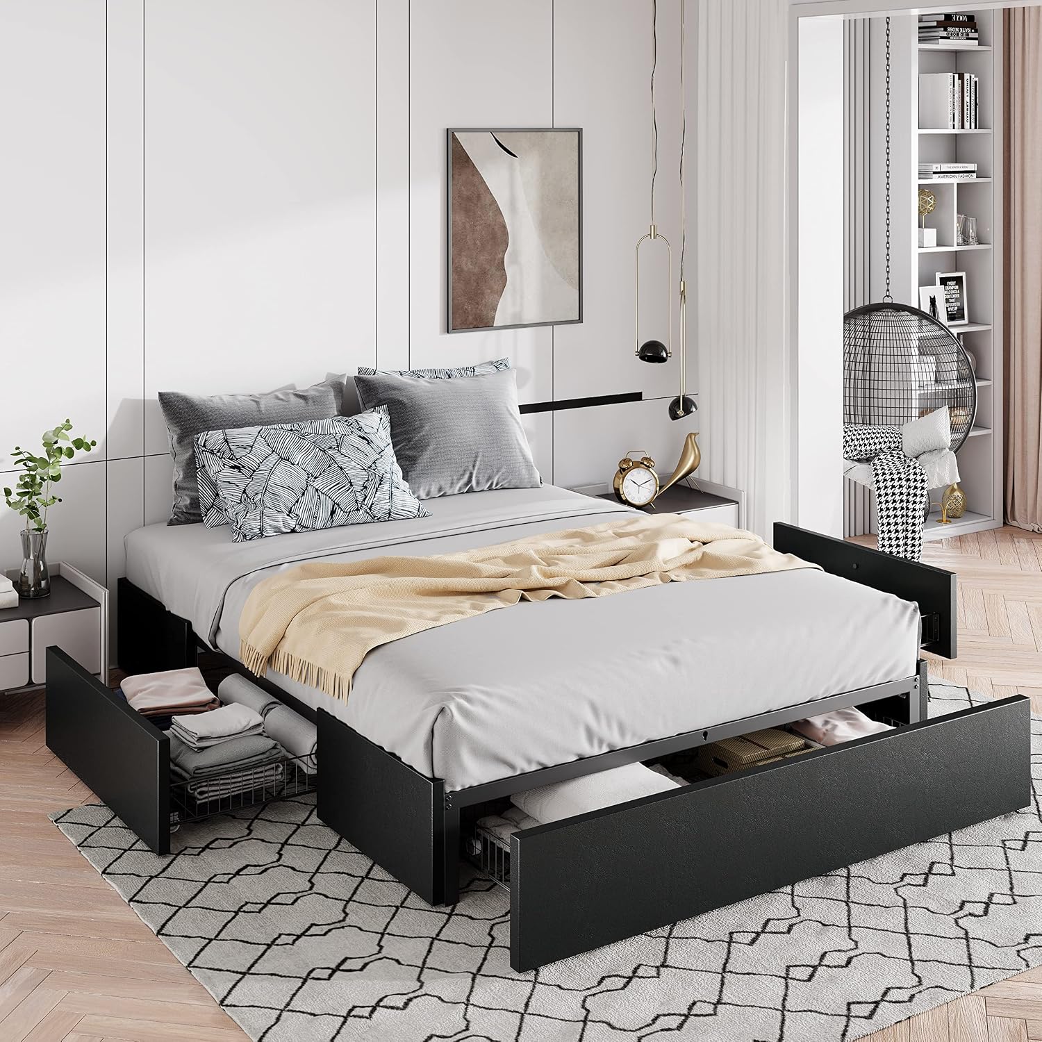Full Size Platform Storage Bed Frame with 3 Drawers, Black